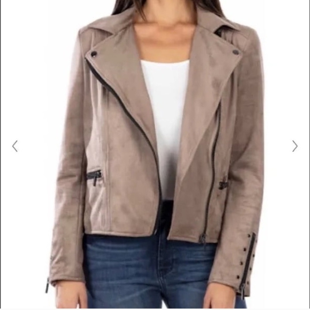 Kut from the Kloth Eveline Asymmetrical Crop Faux Suede Taupe Moto Jacket Size S - Picture 2 of 12